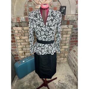 dress V neck peplum floral belt black white shoulder pads Surplice top